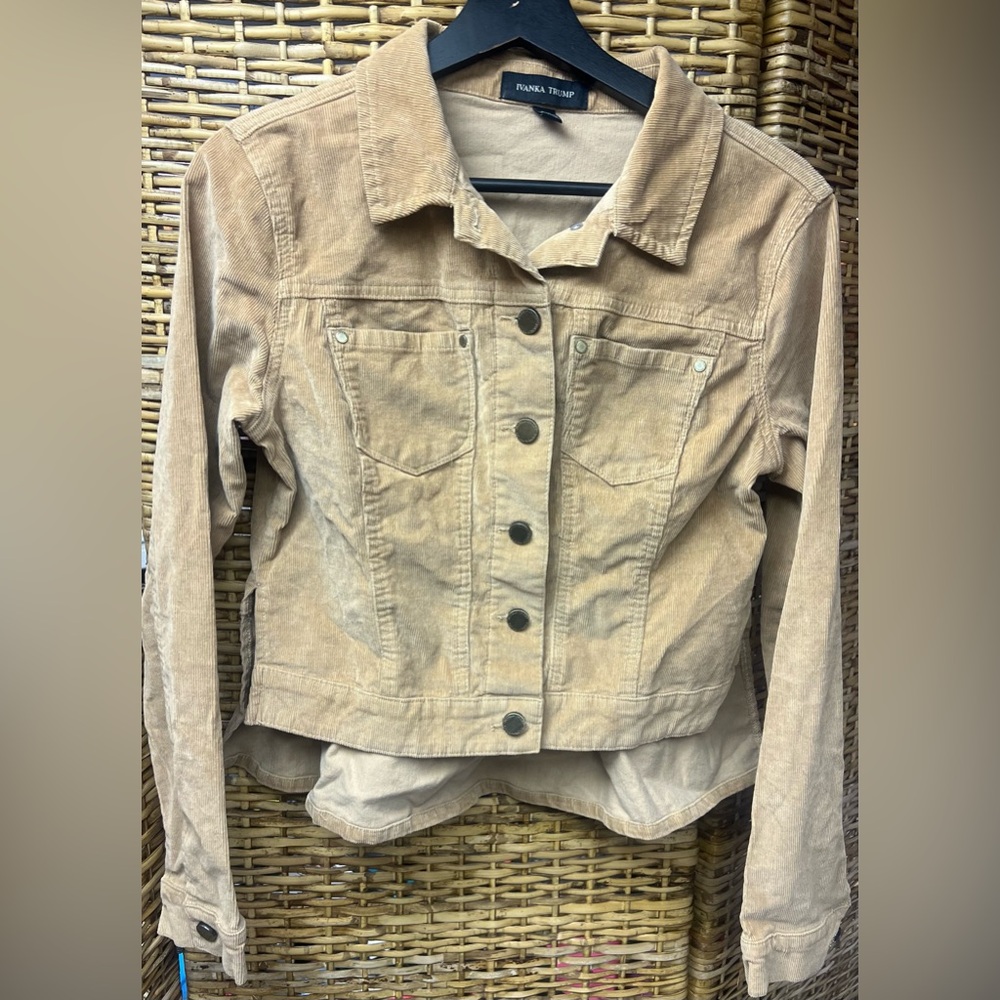 Ivanka Trump-Tan Corduroy Jacket- Ruffle back bottom, Size: 8 Women’s, Pre-Owned